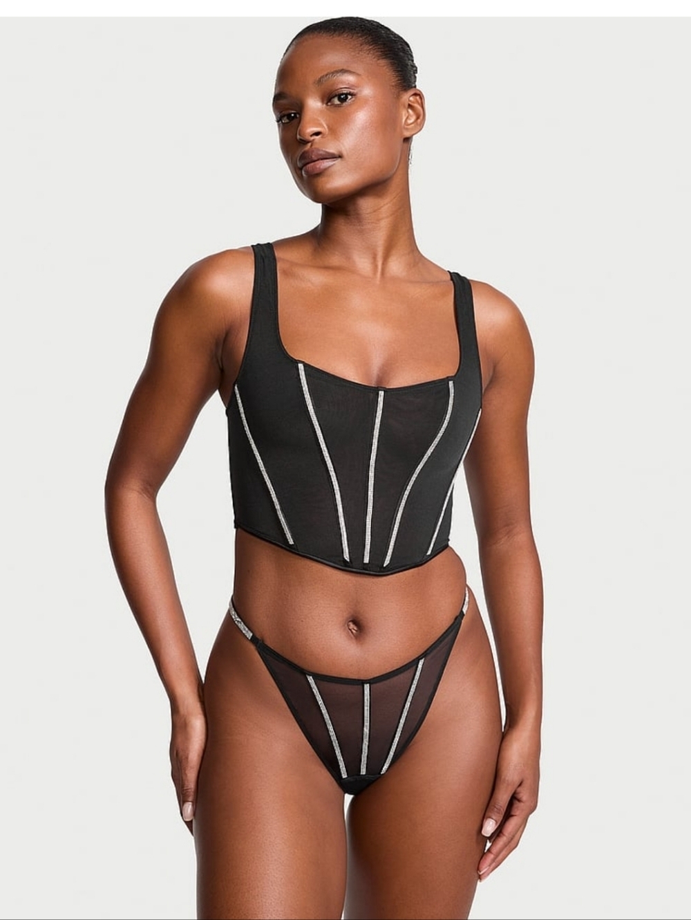 Victoria's Secret Black Mesh Corset Top with Crystal Trim